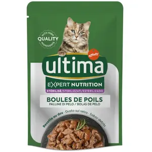 Ultima Expert Nutrition Boules de poils boeuf, saumon pour chat - 4 x 70 g pas cher