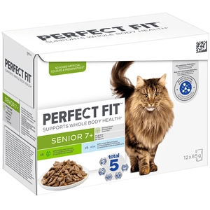 PERFECT FIT Senior 7+ pour chat - lot mixte : dinde, carottes/ poisson de mer, petits pois 12 x 85 g pas cher