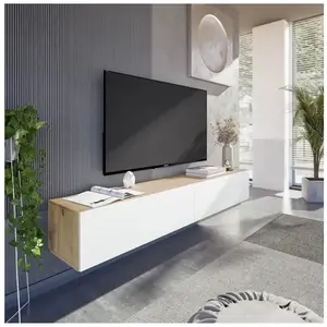 Meuble TV suspendu - L 180X P 28X H 35 cm KAWAY - Décor blanc et chêne - 2 Portes abattantes pas cher