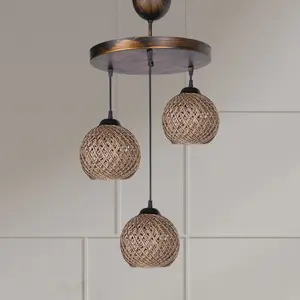 MENZZO Suspension 3 lampes escalier Brax D32cm Métal Or antique et Coton Beige foncéVendu pargalaxus