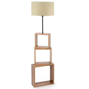 MENZZO Lampadaire combiné 3 étagères Venes 140cm Bois Naturel et Tissu Blanc crèmeVendu parbol