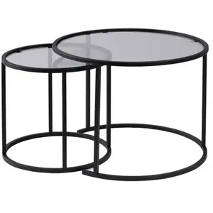 MENZZO Ensemble de 2 tables basses gigognes rondes Taky Métal Noir et Verre trempé Transparent pas cher