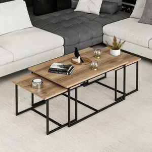 MENZZO Ensemble de 3 tables basses style industriel Langkawi Métal Noir et Bois foncé pas cher