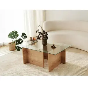 MENZZO Table basse Melar 105x65cm Bois Chêne clair et Verre Transparent pas cher