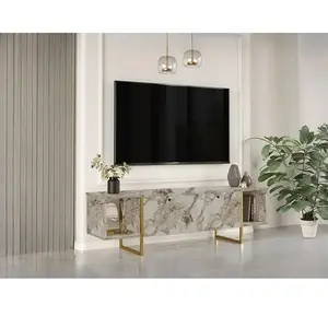 VENTE-UNIQUE Meuble TV 2 portes et 2 étagères - Effet marbre blanc et Doré - DERANA pas cher