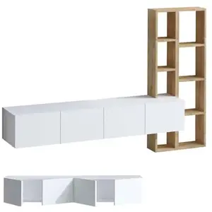 CALICOSY Meuble TV suspendu 4 portes blanc et étagère chêne L182 cm - 182 cm X 32 cm X 25 cm - PANA pas cher