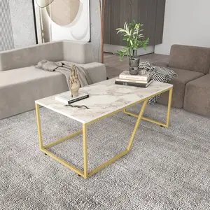 MENZZO Table basse Greta L120xP60cm Métal Or et Bois Effet marbre Blanc pas cher