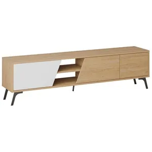 CALICOSY Meuble TV 3 portes et 2 niches décor chêne et blanc - L180 cm - 180 cm X 35,6 cm X 48 cm - FIONA pas cher