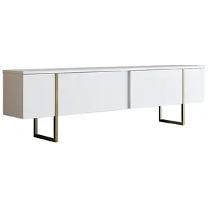 CALICOSY Meuble TV 2 portes rabattables L180 cm - 180 cm X 30 cm X 50 cm - Luxe - Blanc/ Or pas cher
