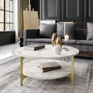 Table basse ovale MENZZO Elliptica - Bois Marbre Blanc et Métal Or - Elégance et Chic pas cher