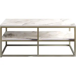 MENZZO Table basse rectangle Cubicum 2 tablettes Bois Marbre Blanc et Métal Or pas cher
