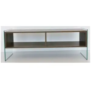 MENZZO Meuble TV 2 étagères Doris L120xH35cm Bois massif Naturel et Verre trempé Fumé Noir pas cher