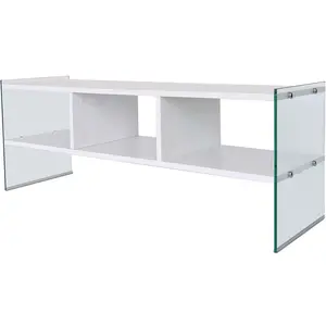 MENZZO Meuble TV 3 étagères Doris L120xH35cm Bois Blanc et Verre trompé Transparent pas cher