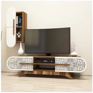MENZZO Ensemble meuble TV et étagère Valei Bois et Blanc Motif Arabesque Noir pas cher