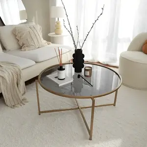 Table basse - MENZZO - Extrahere - Ø83cm - Métal Or - Verre Trempé Fumé - 40cm de Hauteur pas cher