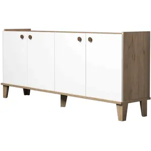 MENZZO Buffet bas 4 portes Niden 180cm Bois Blanc et Chêne clair pas cher