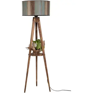 MENZZO Lampadaire trépied Lunctura 165cm Bois Naturel et Tissu effet lambris Multicolore pas cher