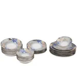 MENZZO Service de table 24 pièces Alvara 100% Porcelaine Motif Abstrait Bleu, Jaune et Blanc pas cher