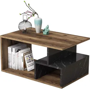 MENZZO Table basse Rudoka L90xH42cm Bois Naturel et Effet marbre Noir pas cher