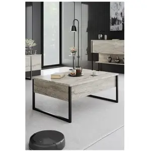 MENZZO Table basse Sibylle L90xH40cm Bois Effet travertin Beige et Métal Noir pas cher