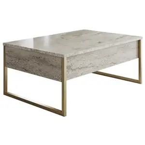 MENZZO Table basse Sibylle L90xH40cm Bois Effet travertin et Métal Or pas cher