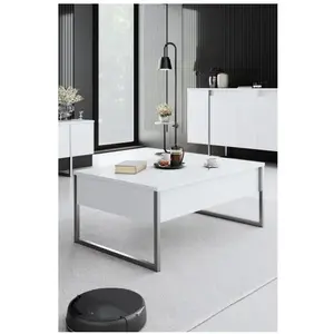 MENZZO Table basse Sibylle L90xH40cm Bois Blanc et Métal Argent pas cher