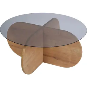 Table basse ronde en verre Aeris chêne verre fumé pas cher