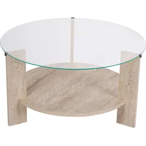 Table basse ronde en verre Clara travertine, verre transparent pas cher