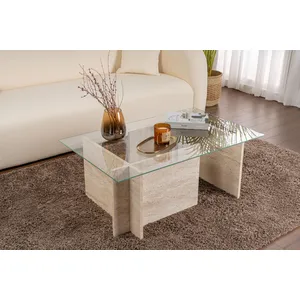 CALICOSY Table basse avec plateau en verre L105 cm - 105 cm X 65 cm X 40 cm - NOAH - Travertin pas cher