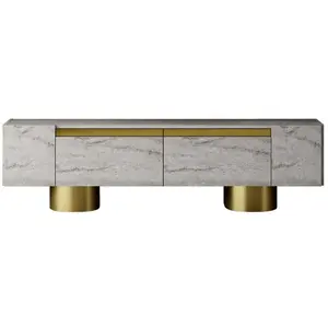 MENZZO Meuble Tv design 2 portes basculantes Merna L180cm Bois Effet travertin beige et Métal Or pas cher