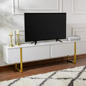 MENZZO Meuble tv moderne 2 portes basculantes Domenica L180cm Blanc et Or pas cher