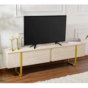 MENZZO Meuble tv moderne 2 portes basculantes Domenica L180cm Effet travertin et Or pas cher