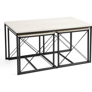 CALICOSY Lot de 3 tables basses gigognes décor travertin et métal noir L100 cm - 100 cm X 50 cm X 52 cm - DEFNE pas cher