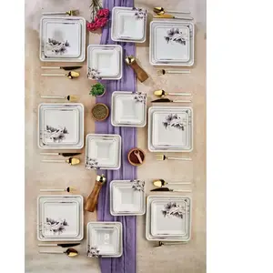 Asir - Eetset (24-delig) - Wit, paars - 100% KERAMIEK - 30 x 33 x 27 cm