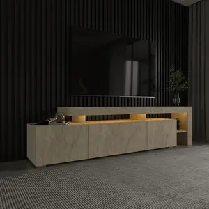 Meuble TV avec éclairage LED - BELIZ - Marbre travertin - 192 x 53 x 37 cm pas cher