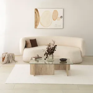MENZZO Table basse design Kindy D105cm Verre Transparent et Effet travertin Beige pas cher