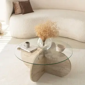 MENZZO Table basse ronde design Helvya D75cm Verre Transparent et Effet travertin Beige pas cher