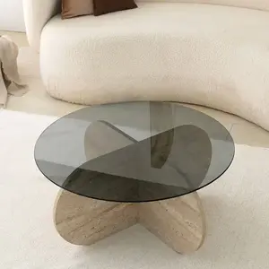 MENZZO Table basse ronde design Helvya D75cm Verre fumé Gris et Effet travertin Beige pas cher