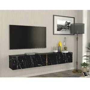 VENTE-UNIQUE Meuble TV suspendu avec 2 portes - Effet marbre noir - DINOMA pas cher