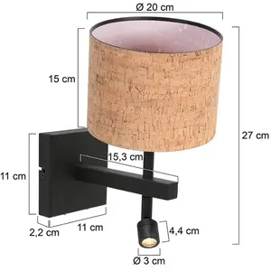 Wandlamp Stang 4350ZW met beige kurken kap en zwart metalen armatuur, eigentijds design voor binnen, inclusief draaibaar en kantelbaar leeslampje, merk Steinhauer pas cher