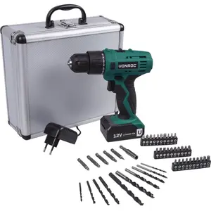 VONROC Perceuse 12V - 1 batterie Li-Ion, coffret de rangement, 46 acce...