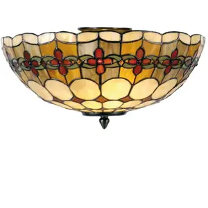 LumiLamp Plafondlamp Tiffany Ø 40x24 cm Beige Rood Metaal Glas Halfrond Roos PlafonniereVendu parbol