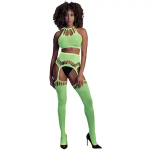 Shots - Ouch! OU838GLOOS - Two Piece with Crop Top and Stockings - Gre... pas cher