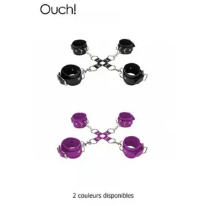 Ouch! Leren Hand en Enkelboeien Gekoppeld met Schakel Kruis Zwart pas cher