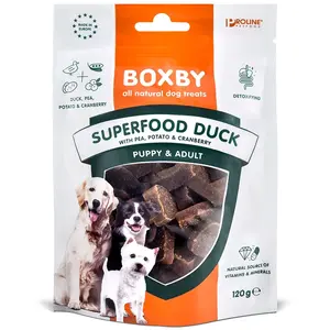 Comparateur de prix : Boxby Proline Superfood - Eend, Erwt & Cranberry - Hondensnacks - 120 g