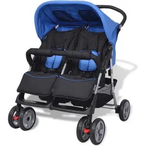 vidaXL Poussette à deux places Acier Bleu et noir