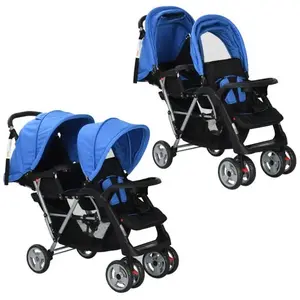 vidaXL Poussette à deux places acier bleu et noir