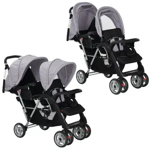 vidaXL Poussette à deux places acier gris et noir