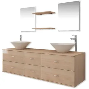Comparateur de prix : vidaXL Meuble de salle de bain 9 pcs avec lavabo et robinet Beige