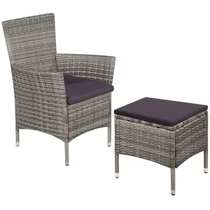 vidaXL Chaise et tabouret d'extérieur et coussins Résine tressée Gris pas cher